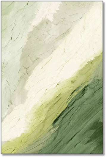 Tableau abstrait en vert et blanc avec textures douces. Atmosphère naturelle et apaisante, parfait pour un salon.