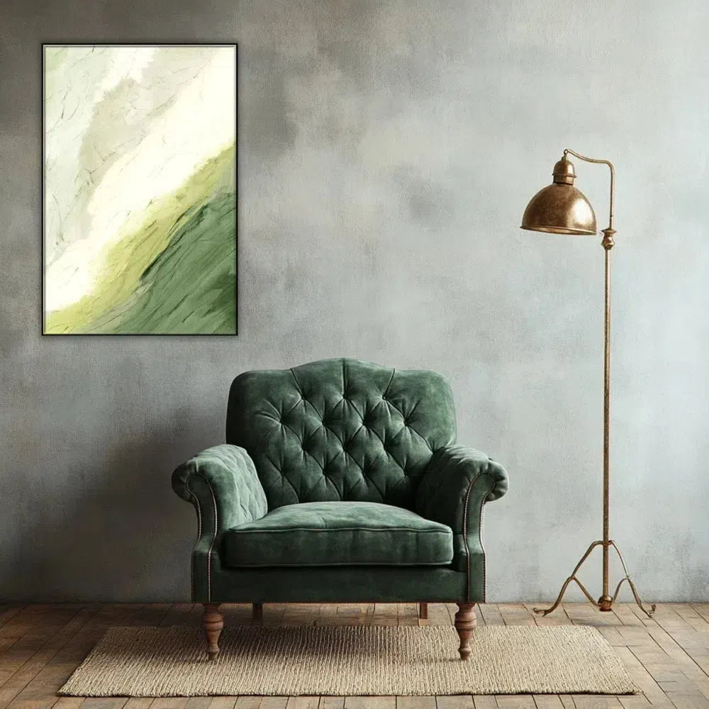 Tableau abstrait en vert et blanc avec textures douces. Atmosphère naturelle et apaisante, parfait pour un salon.