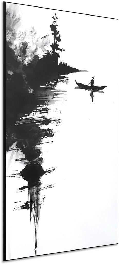 Œuvre monochrome d'un canoéiste solitaire sur l'eau calme, avec des ombres d'arbres et des coups de pinceau noirs, créant une ambiance minimaliste et paisible.