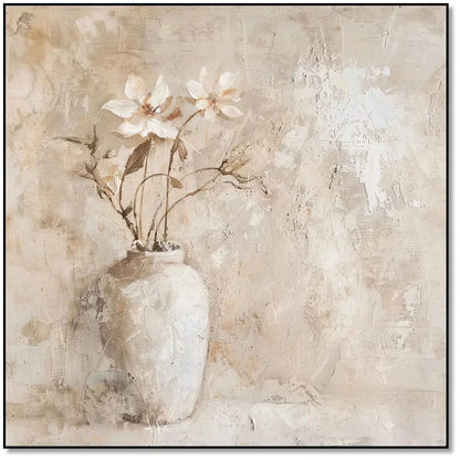 Une peinture de fleurs délicates dans un vase blanc, capturant la beauté simple et naturelle de la nature.