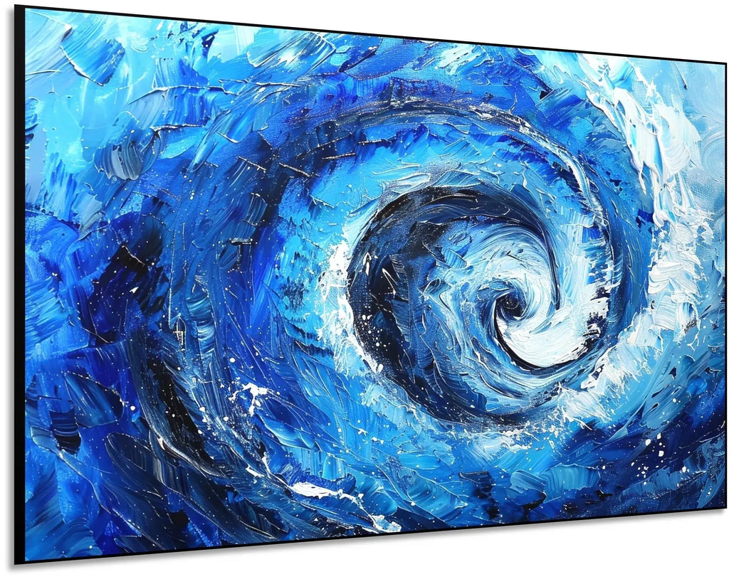 Spirale abstraite d’océan avec des vagues en bleu profond et blanc, créant un mouvement fluide et dynamique, idéale pour un salon moderne ou un bureau.