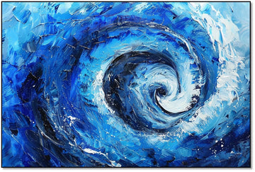 Spirale abstraite d’océan avec des vagues en bleu profond et blanc, créant un mouvement fluide et dynamique, idéale pour un salon moderne ou un bureau.