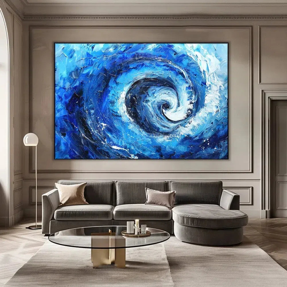 Spirale abstraite d’océan avec des vagues en bleu profond et blanc, créant un mouvement fluide et dynamique, idéale pour un salon moderne ou un bureau.