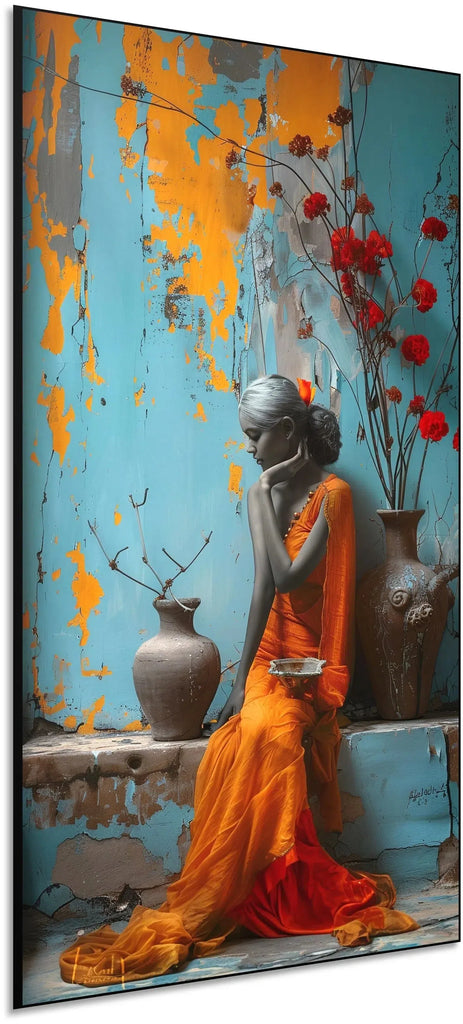 Photographie d'une silhouette féminine en sari orange, entourée de fleurs rouges et d'une peinture murale colorée - atmosphère inspirante.