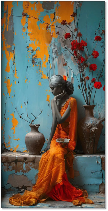 Photographie d'une silhouette féminine en sari orange, entourée de fleurs rouges et d'une peinture murale colorée - atmosphère inspirante.