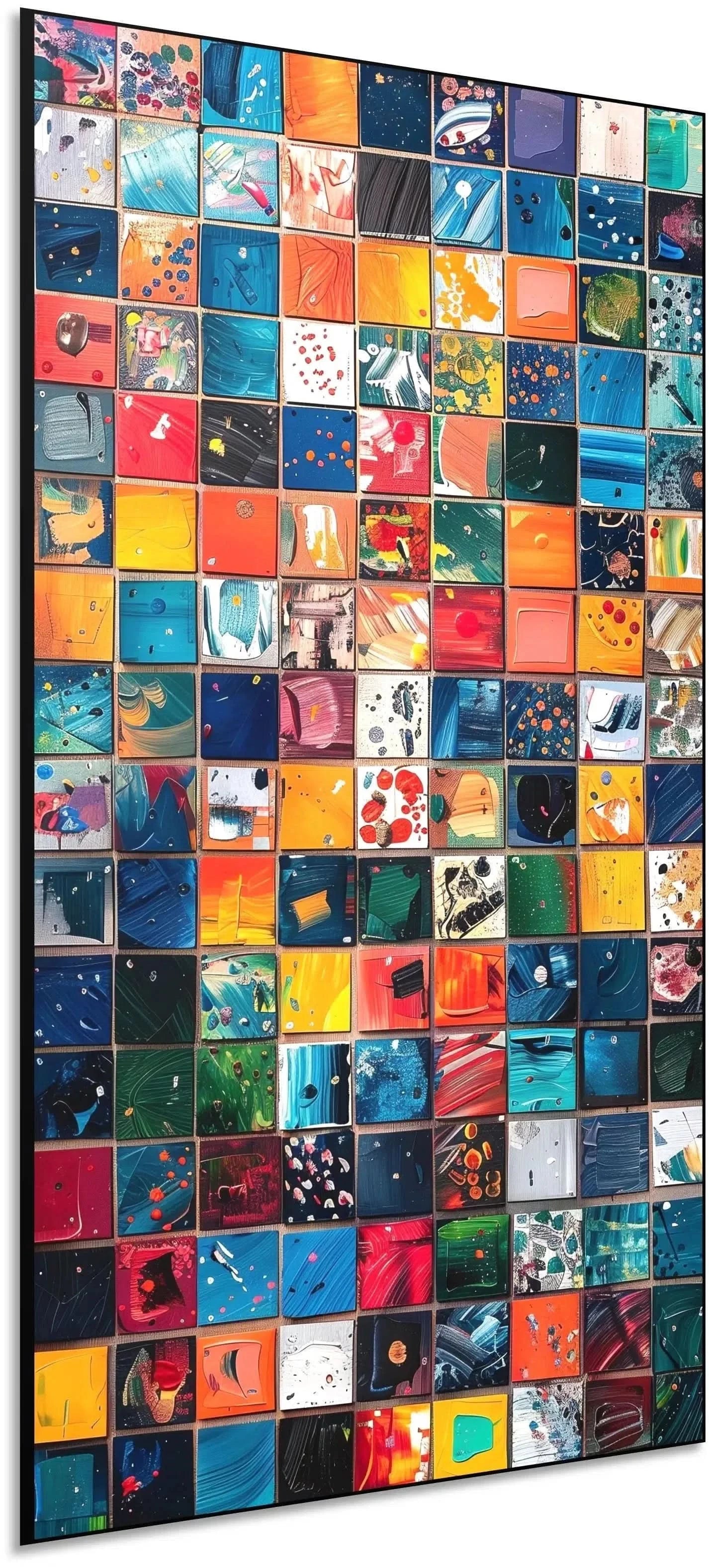 Composition de carrés colorés avec des éclaboussures de peinture vibrantes et dynamiques, idéale pour un espace créatif.