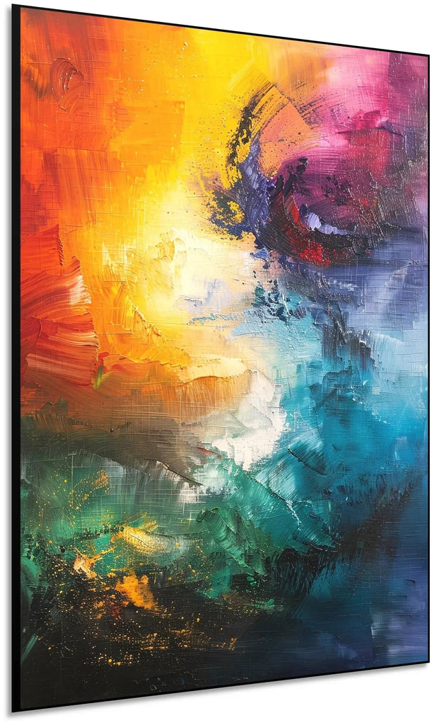 Peinture abstraite dynamique avec explosion de couleurs vives, apportant une énergie vibrante et un impact visuel fort.