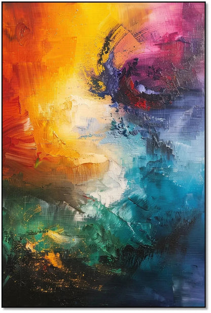 Peinture abstraite dynamique avec explosion de couleurs vives, apportant une énergie vibrante et un impact visuel fort.