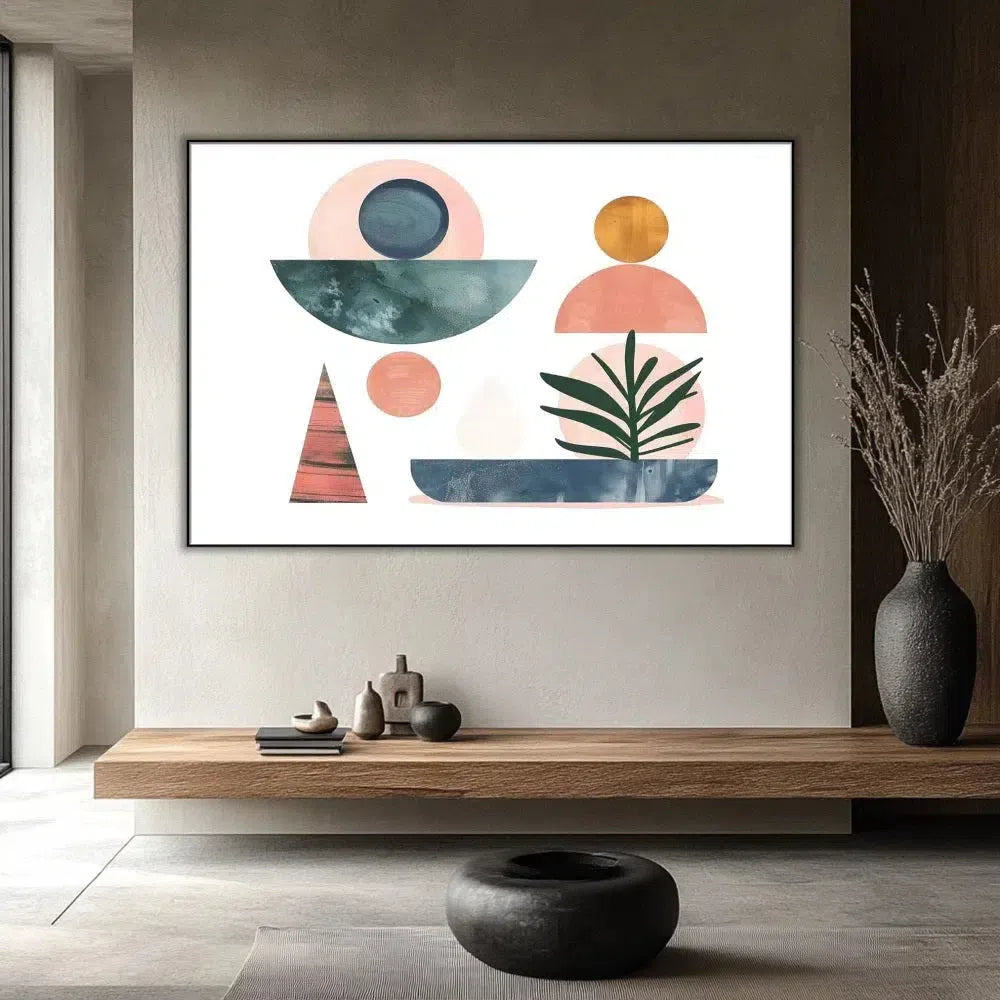 Formes géométriques en rose, bleu et vert, avec des éléments de plantes stylisées. Une œuvre bohème et contemporaine, parfaite pour un salon ou un espace créatif.