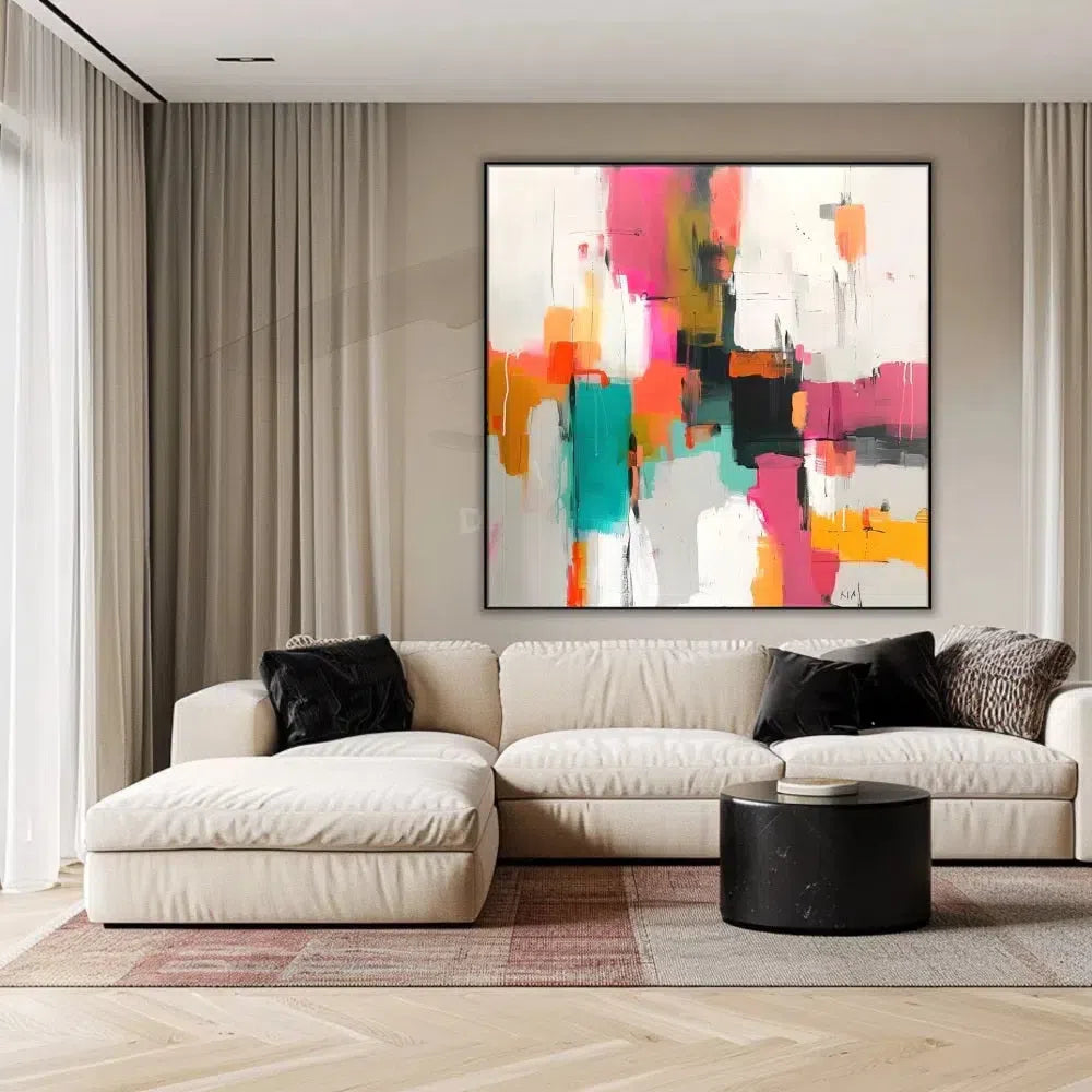 Tableau abstrait aux couleurs vives et contrastées, idéal pour des espaces contemporains.