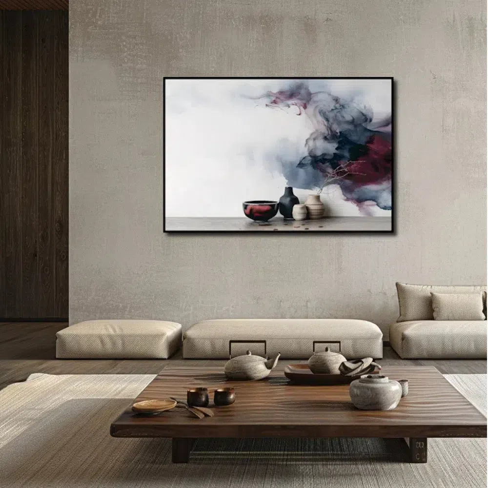 Œuvre abstraite Zen avec des tons de bleu-gris et bordeaux, créant une ambiance tranquille et fluide, idéale pour un salon apaisant et un décor contemporain.