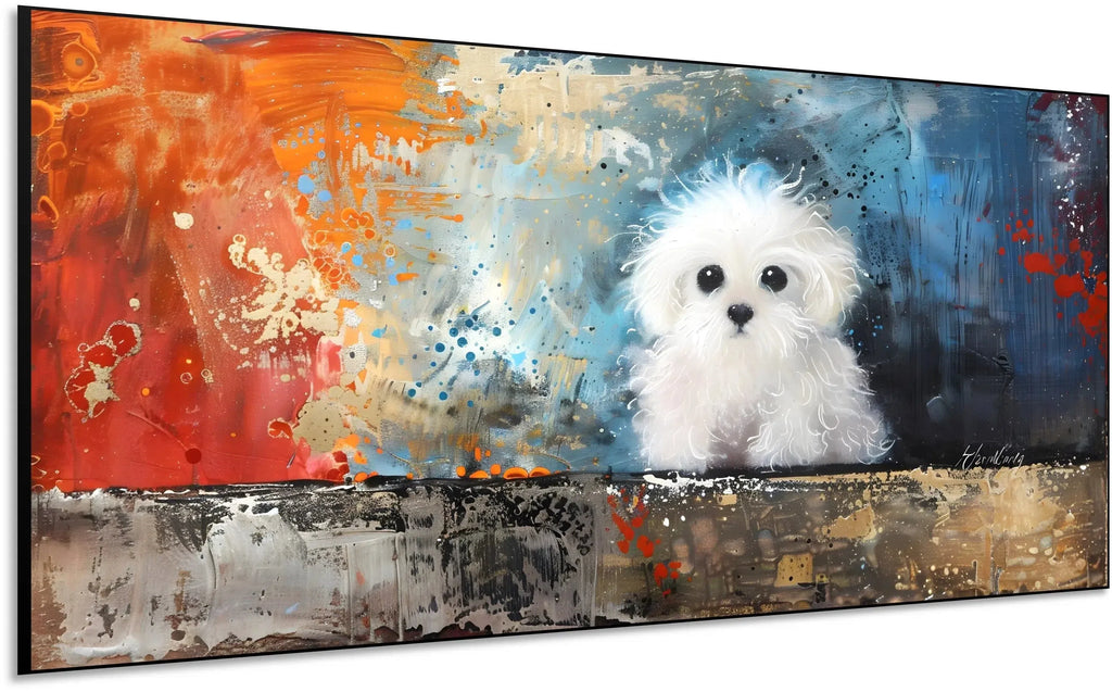 Un adorable chien blanc dans une explosion de couleurs vives, parfait pour une décoration moderne dans un salon ou une chambre.