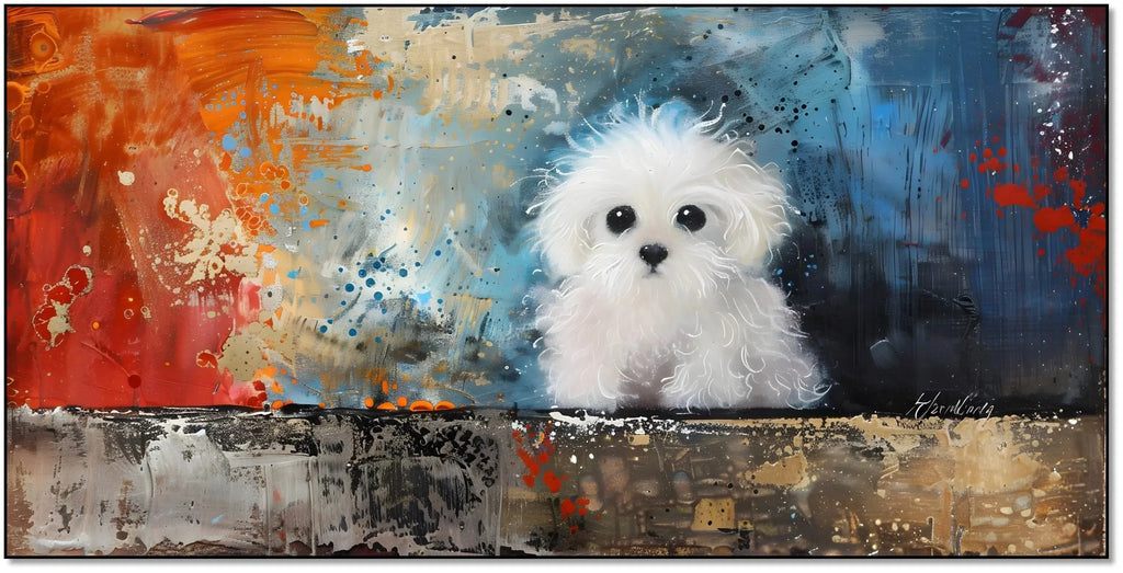 Un adorable chien blanc dans une explosion de couleurs vives, parfait pour une décoration moderne dans un salon ou une chambre.