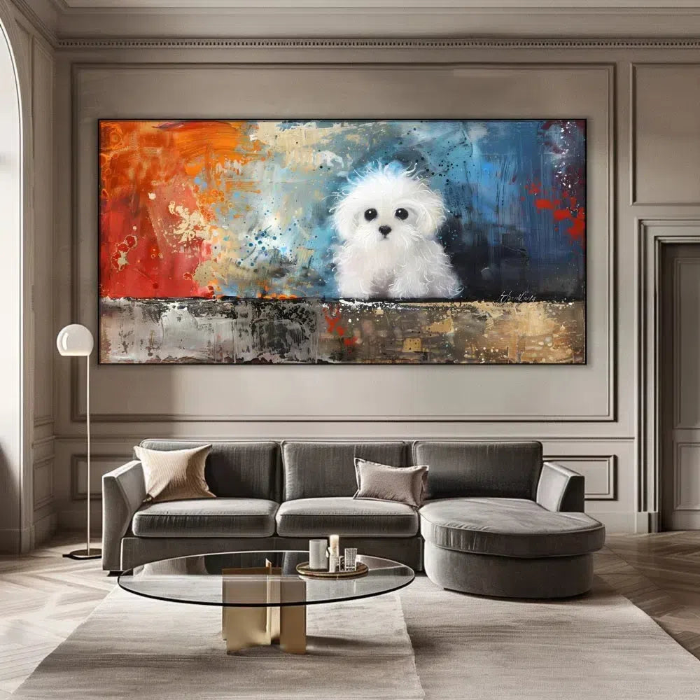 Un adorable chien blanc dans une explosion de couleurs vives, parfait pour une décoration moderne dans un salon ou une chambre.