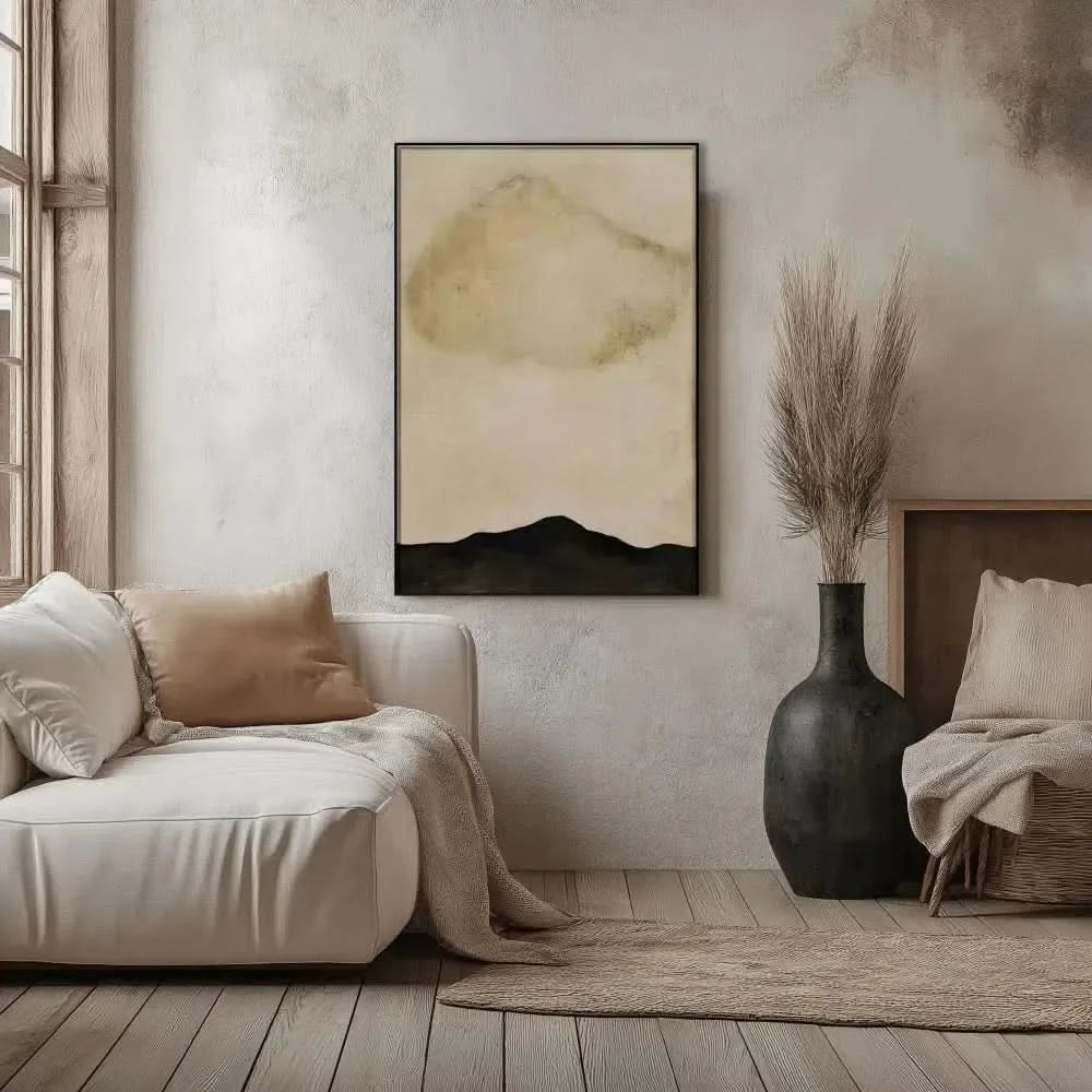 Tableau minimaliste en beige et noir avec horizon abstrait. Atmosphère sereine, idéal pour un salon moderne.