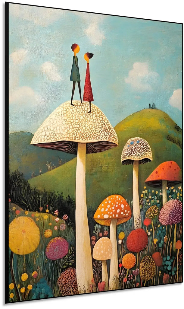 Illustration d'un couple de personnages sur un champignon géant dans un jardin enchanté, entouré de fleurs colorées.