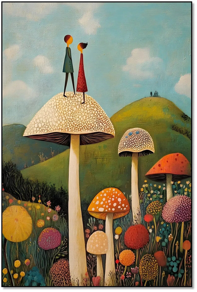 Illustration d'un couple de personnages sur un champignon géant dans un jardin enchanté, entouré de fleurs colorées.