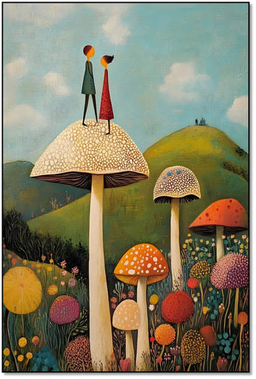 Illustration d'un couple de personnages sur un champignon géant dans un jardin enchanté, entouré de fleurs colorées.