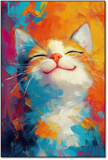 Illustration d'un chat joyeux dans une explosion de couleurs vives, évoquant un sentiment de bonheur.