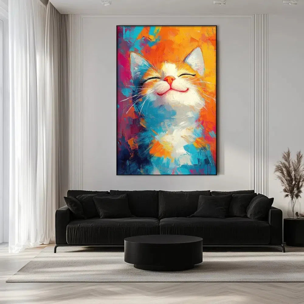 Illustration d'un chat joyeux dans une explosion de couleurs vives, évoquant un sentiment de bonheur.