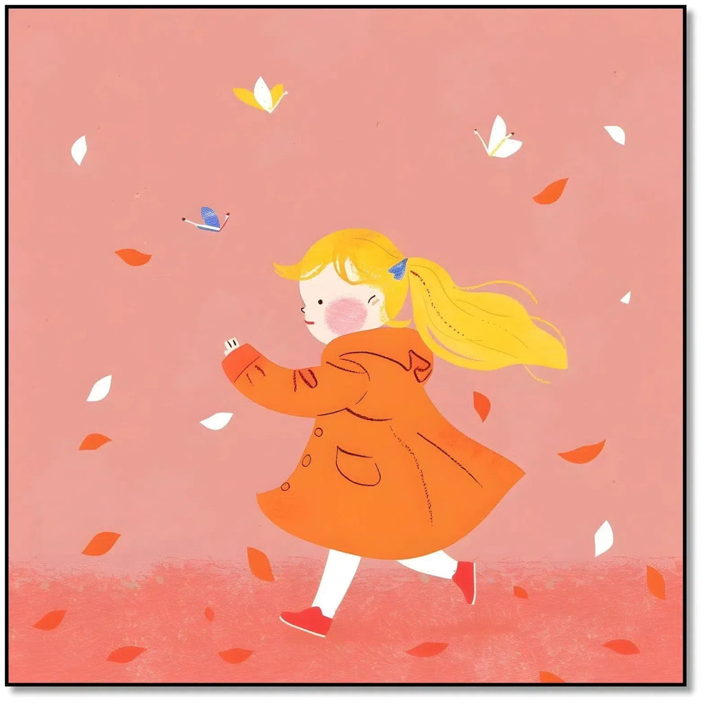 Illustration d'une enfant courant joyeusement parmi les feuilles d'automne, apportant une touche de fraîcheur et de liberté.