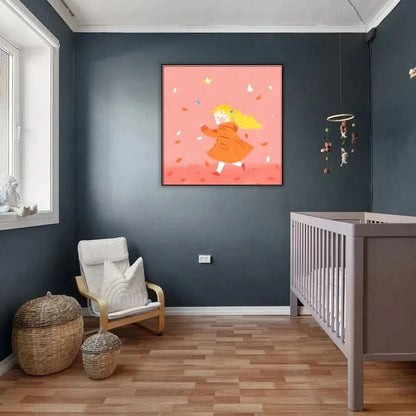 Illustration d'une enfant courant joyeusement parmi les feuilles d'automne, apportant une touche de fraîcheur et de liberté.