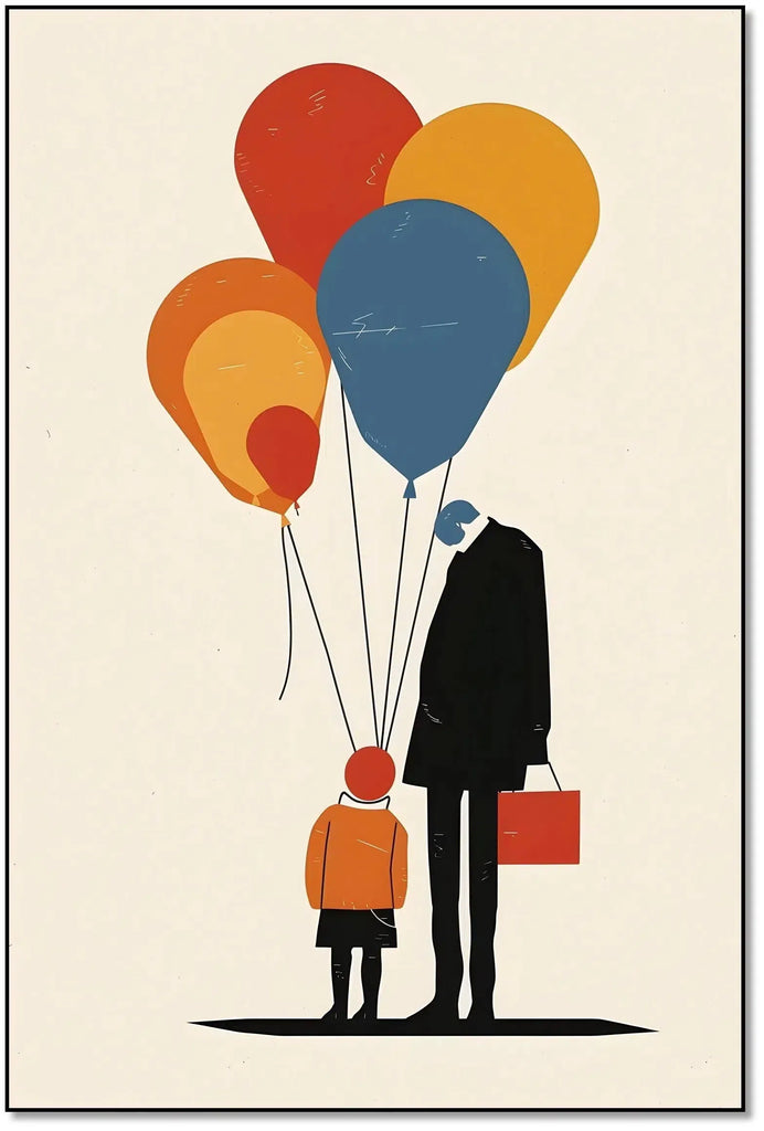 Illustration d'une famille reliée par des ballons colorés, symbolisant l'amour et la connexion profonde.