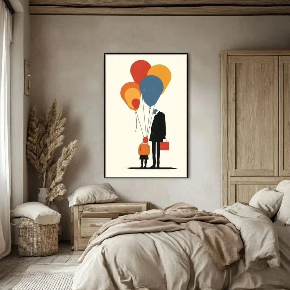 Illustration d'une famille reliée par des ballons colorés, symbolisant l'amour et la connexion profonde.