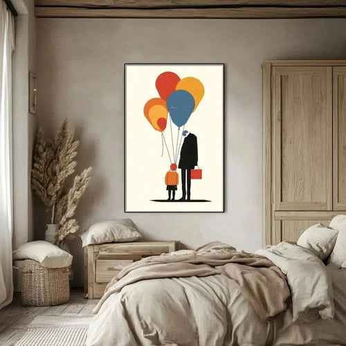 Illustration d'une famille reliée par des ballons colorés, symbolisant l'amour et la connexion profonde.