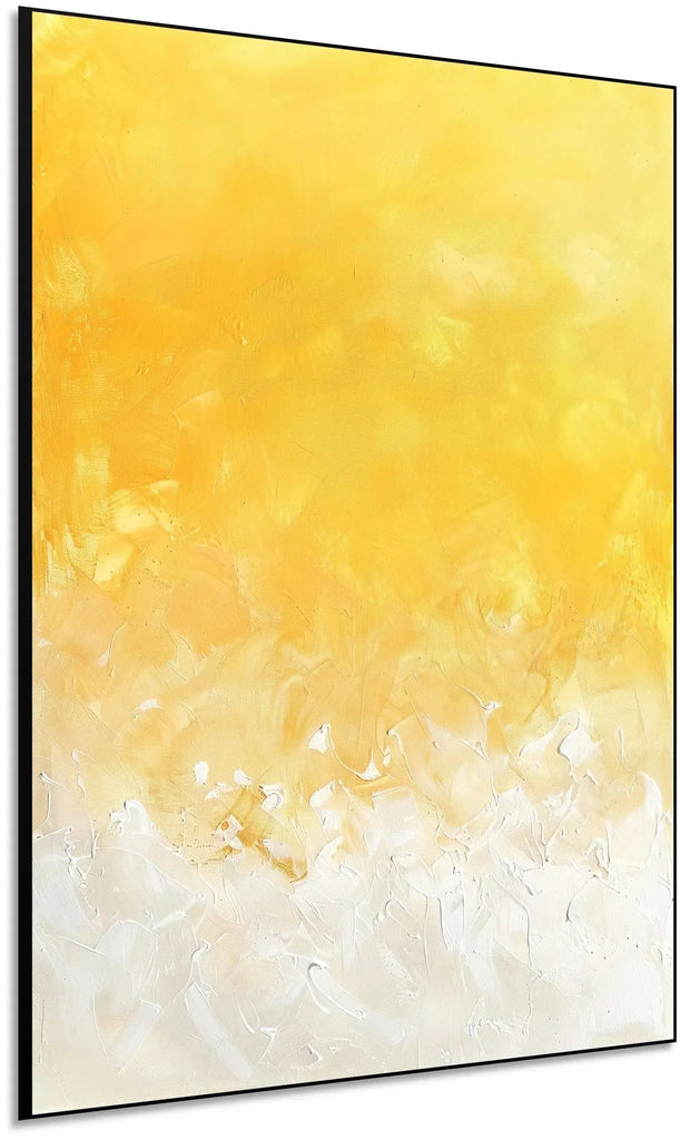 Peinture abstraite minimaliste avec des nuances de jaune et blanc, créant une atmosphère calme et lumineuse.