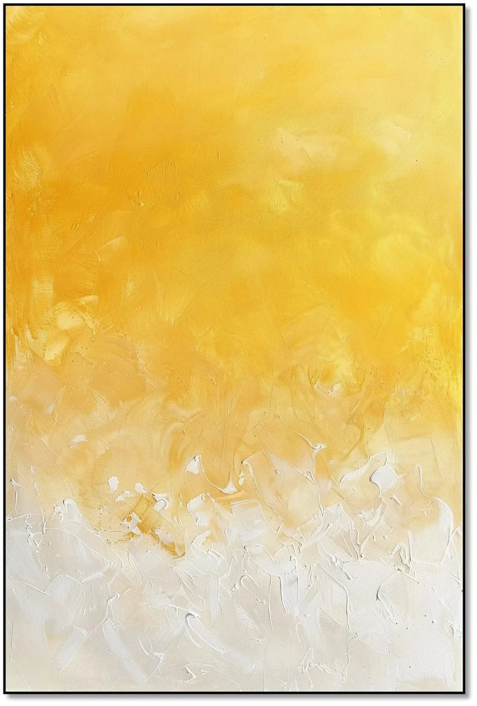 Peinture abstraite minimaliste avec des nuances de jaune et blanc, créant une atmosphère calme et lumineuse.