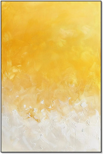 Peinture abstraite minimaliste avec des nuances de jaune et blanc, créant une atmosphère calme et lumineuse.