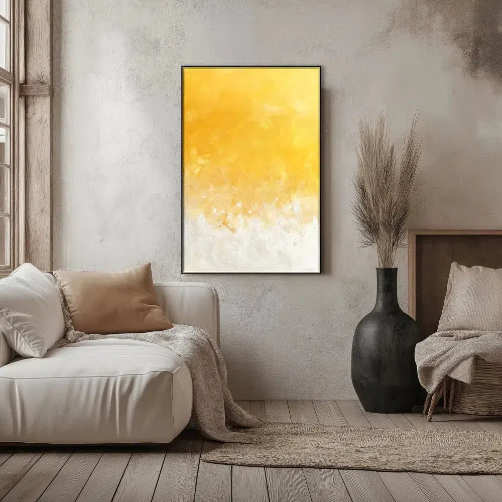 Peinture abstraite minimaliste avec des nuances de jaune et blanc, créant une atmosphère calme et lumineuse.