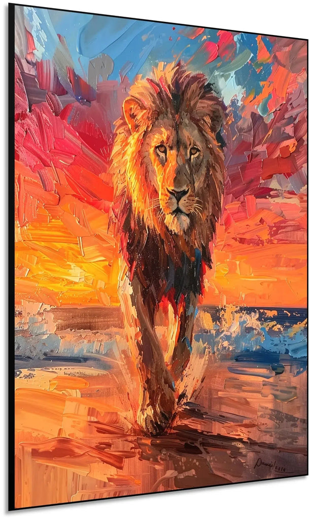 Peinture d’un lion majestueux dans la nature sauvage, avec des couleurs chaudes et un contraste saisissant qui incarne la puissance