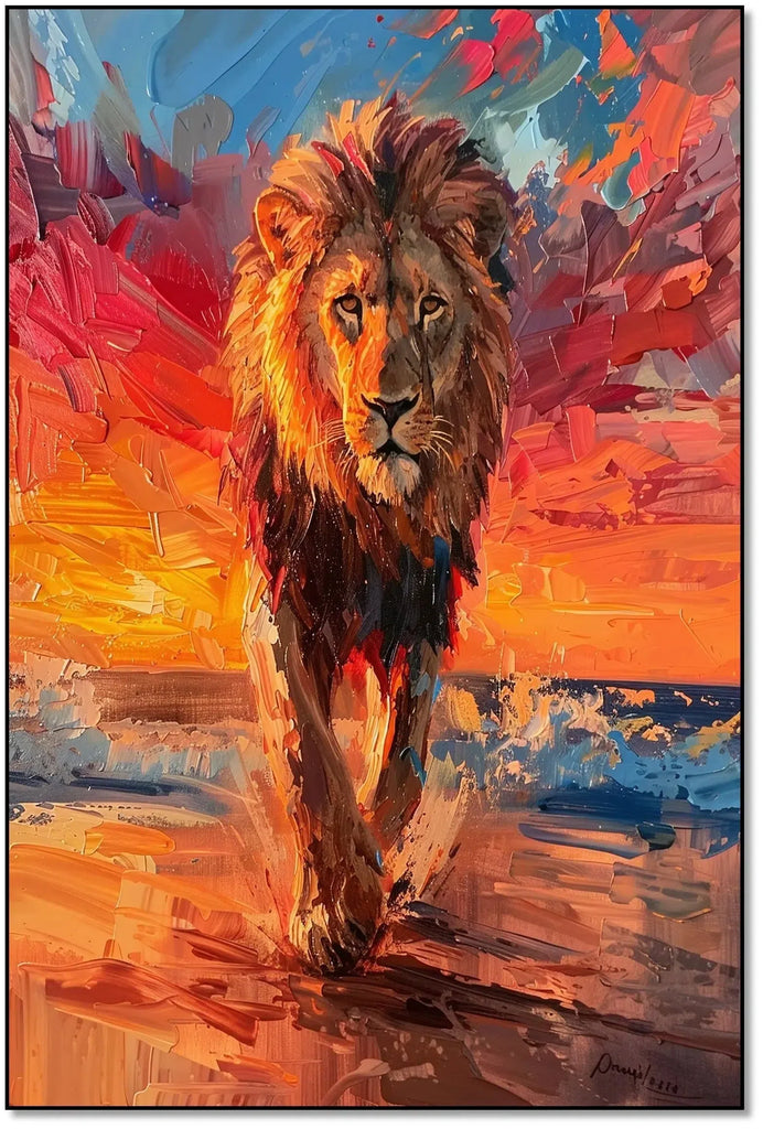 Peinture d’un lion majestueux dans la nature sauvage, avec des couleurs chaudes et un contraste saisissant qui incarne la puissance