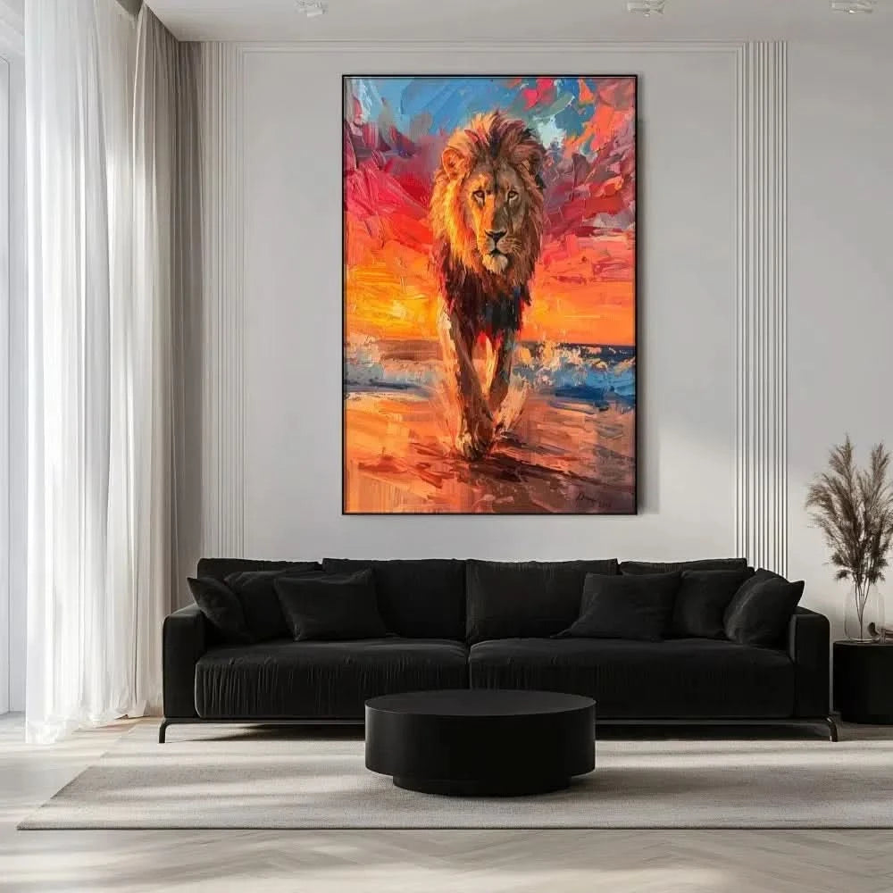 Peinture d’un lion majestueux dans la nature sauvage, avec des couleurs chaudes et un contraste saisissant qui incarne la puissance