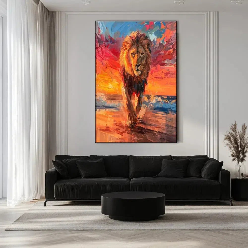 Peinture d’un lion majestueux dans la nature sauvage, avec des couleurs chaudes et un contraste saisissant qui incarne la puissance