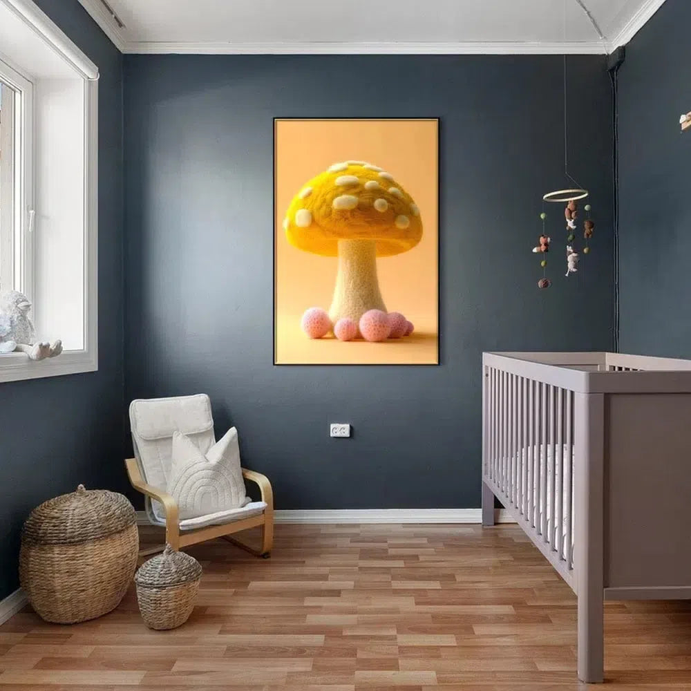 Illustration d'un champignon doux et coloré avec des formes arrondies et des textures apaisantes, créant une atmosphère sereine.