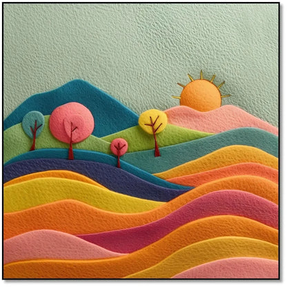 Illustration vibrante de collines colorées et d'un soleil radieux, ajoutant une touche d'énergie et de chaleur à la décoration intérieure.