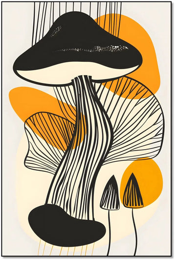 Peinture abstraite de champignons avec des lignes noires et orange, créant une ambiance moderne, idéale pour un salon contemporain.