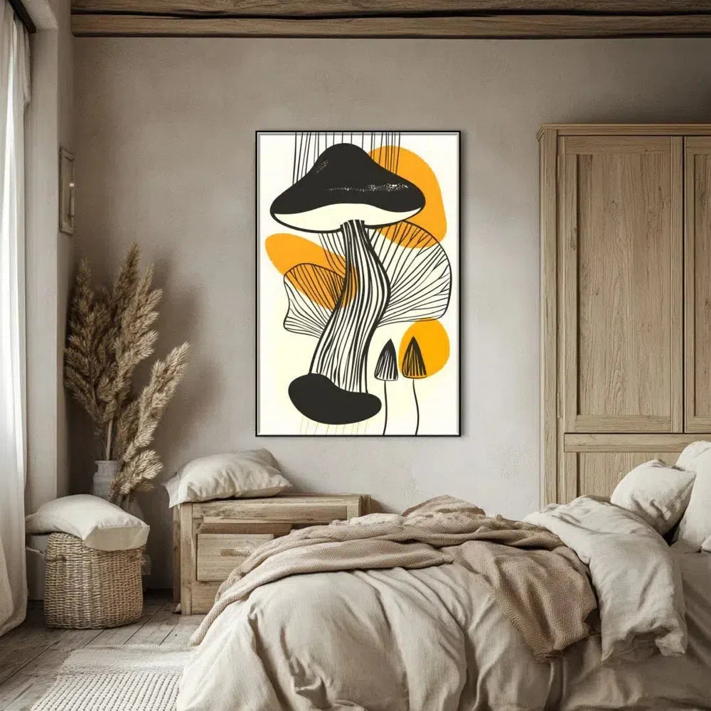 Peinture abstraite de champignons avec des lignes noires et orange, créant une ambiance moderne, idéale pour un salon contemporain.