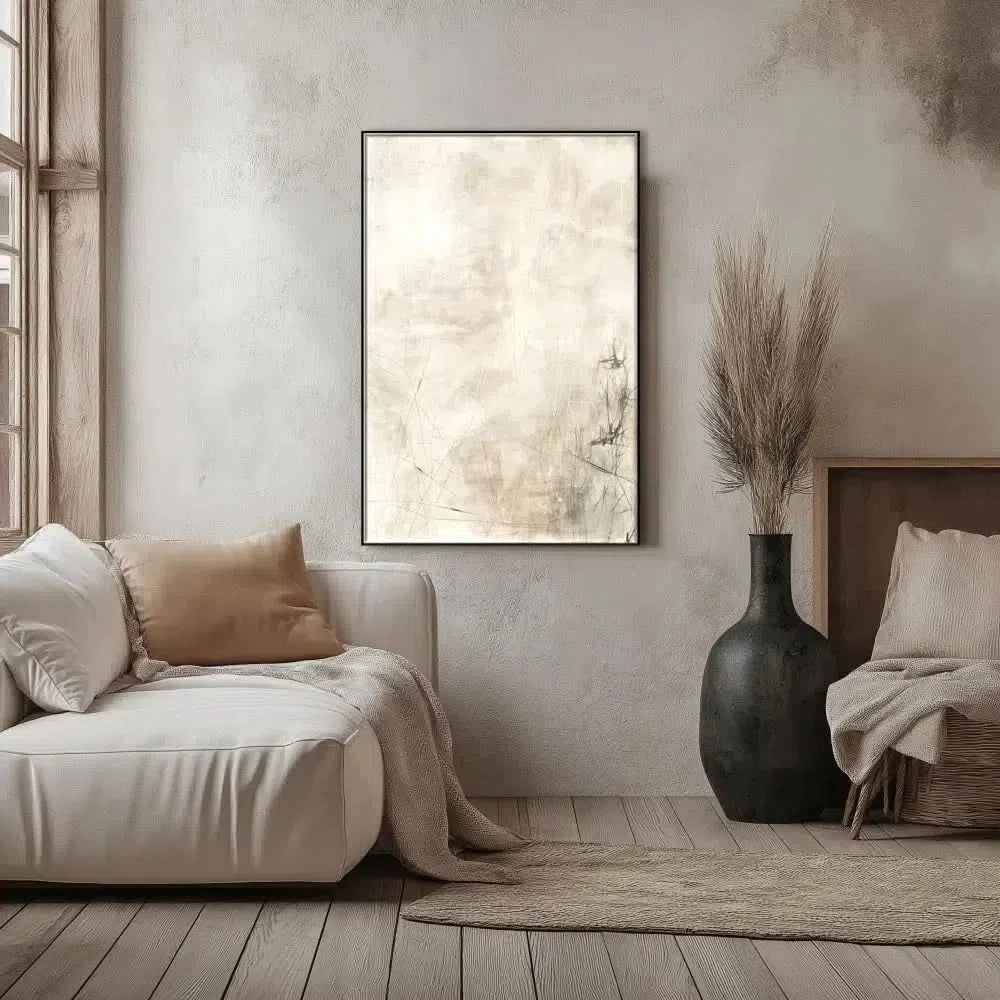 Peinture abstraite aux tons neutres avec des lignes subtiles et textures douces, créant une ambiance calme, idéale pour un salon moderne.