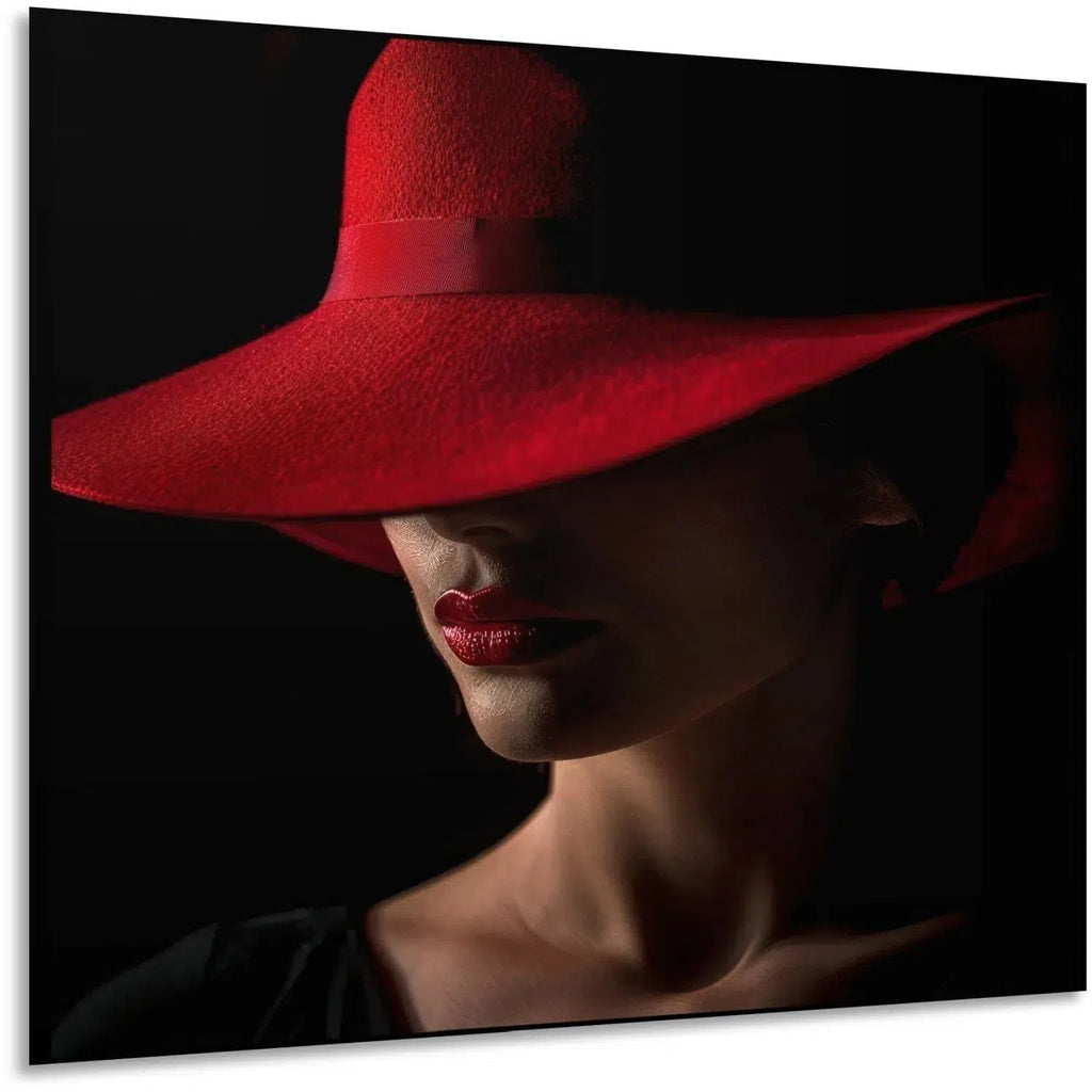 Portrait d'une femme avec un chapeau rouge, accentuant ses lèvres rouges et créant une ambiance mystérieuse et élégante, idéale pour un espace moderne.