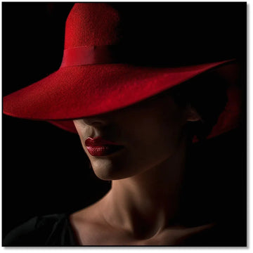 Portrait d'une femme avec un chapeau rouge, accentuant ses lèvres rouges et créant une ambiance mystérieuse et élégante, idéale pour un espace moderne.