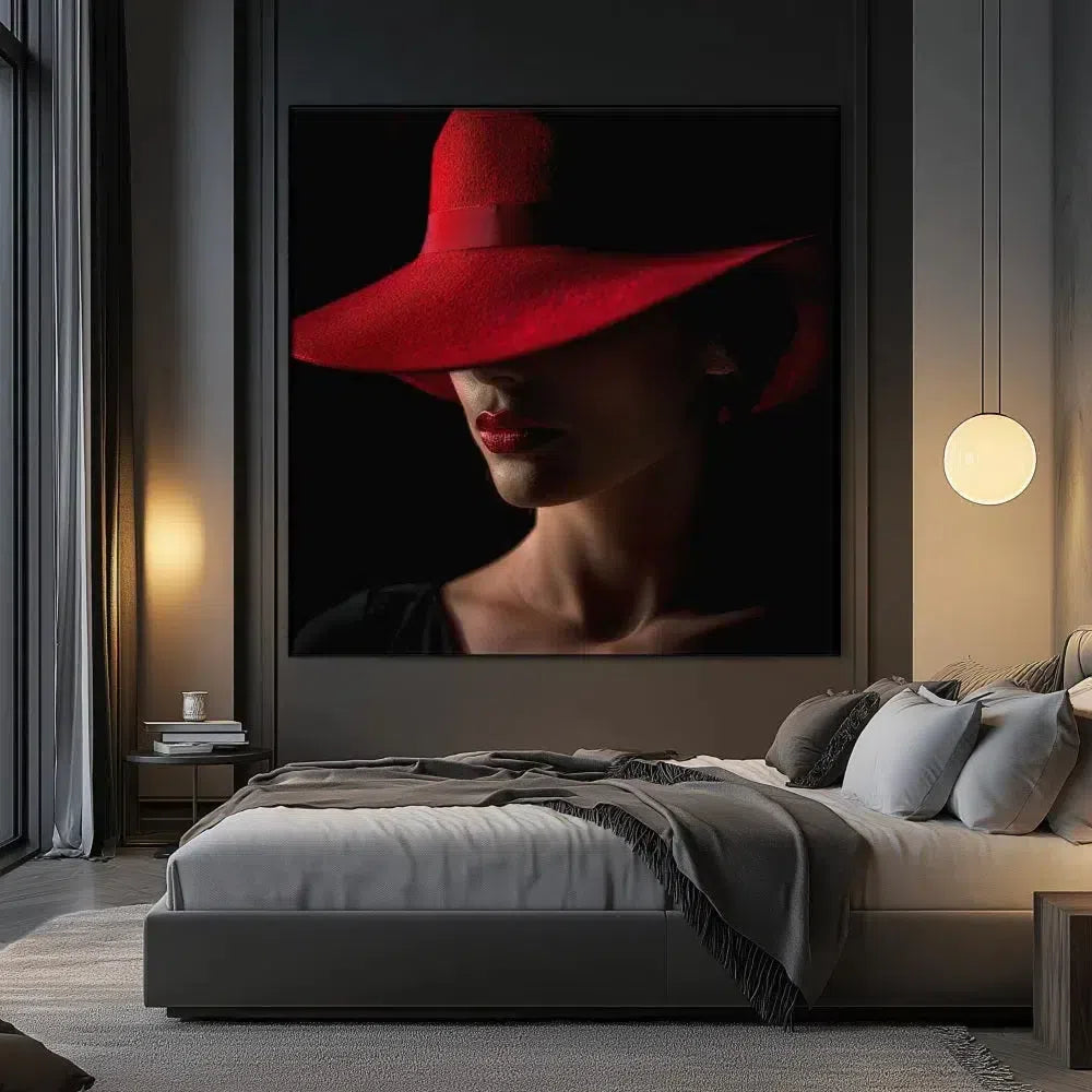 Portrait d'une femme avec un chapeau rouge, accentuant ses lèvres rouges et créant une ambiance mystérieuse et élégante, idéale pour un espace moderne.