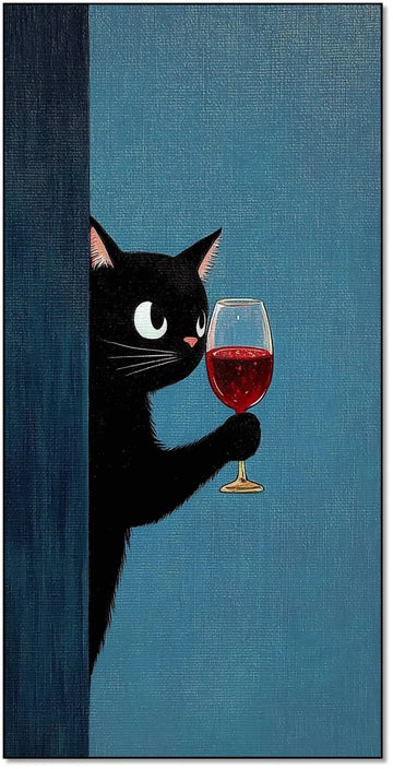 Un chat noir observant mystérieusement avec un verre de vin, créant une atmosphère intrigante, parfait pour une chambre calme.