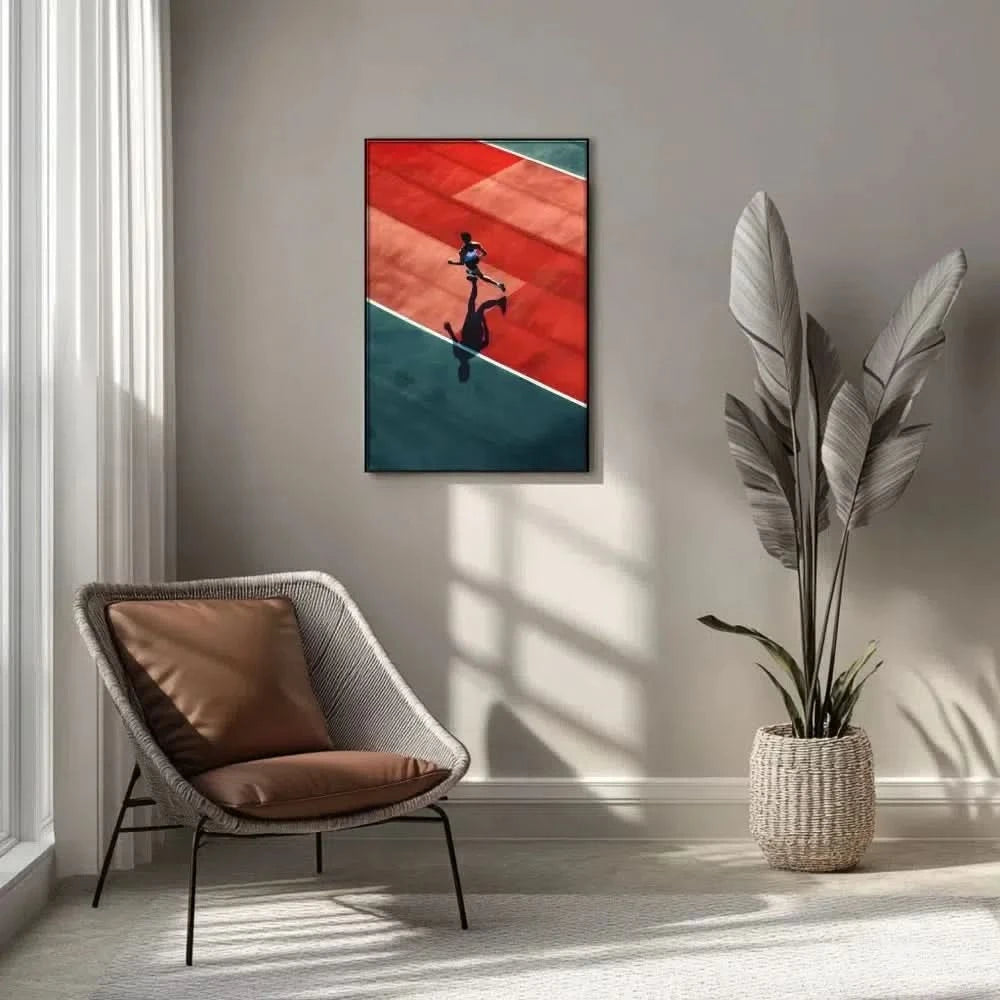 Photographie d'un athlète courant sur une piste rouge et verte, créant une ambiance dynamique et énergique, idéale pour une salle de sport.