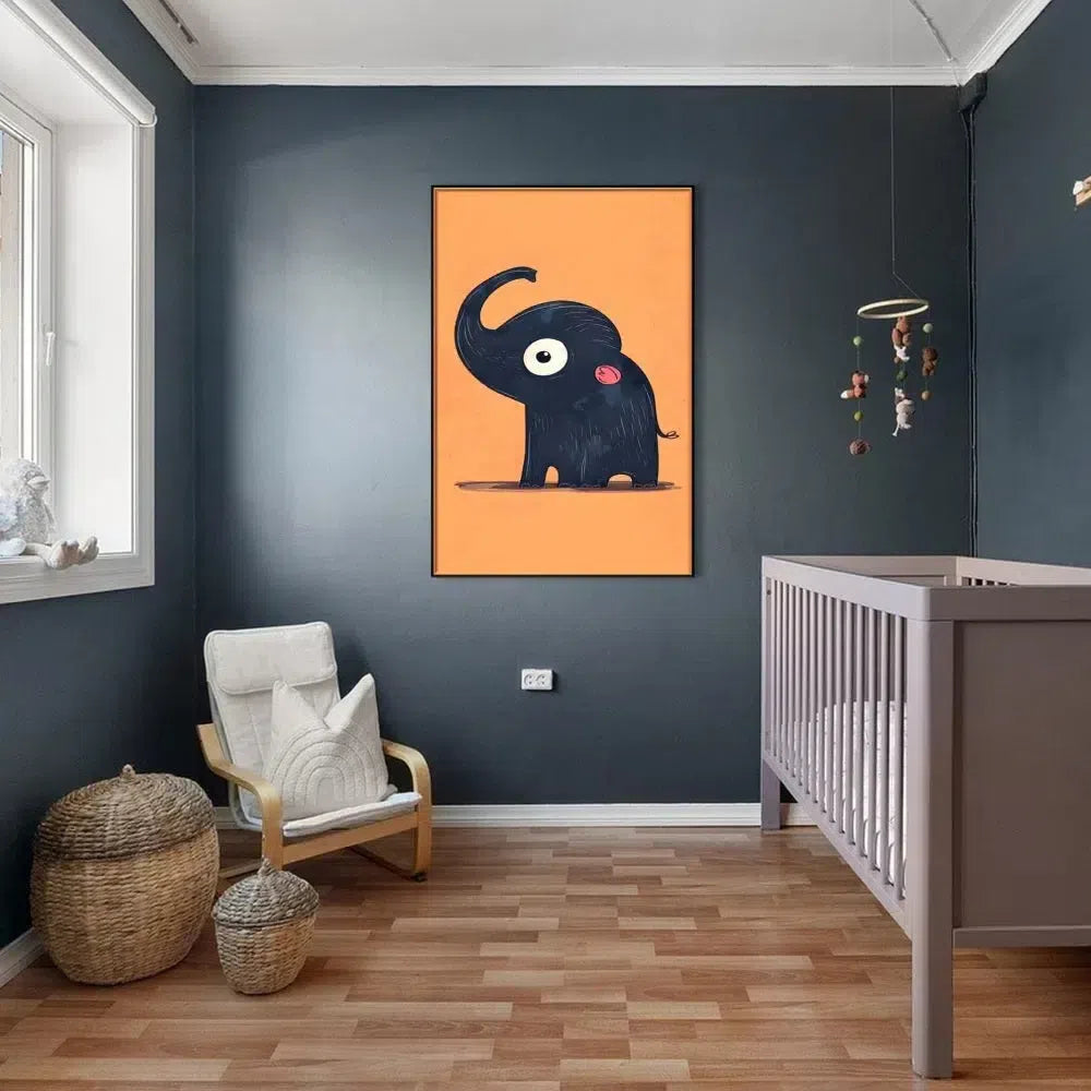 Illustration d'un éléphant mignon avec une grande oreille et une queue enroulée, sur fond orange, idéale pour une chambre enfantine.