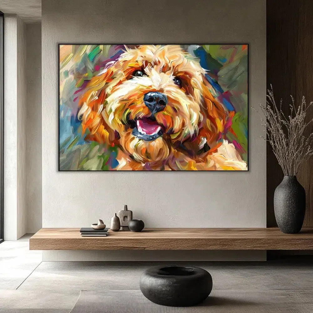 Un portrait vibrant d'un chien joyeux avec des coups de pinceau dynamiques dans des tons chauds, parfait pour ajouter une touche de gaieté.