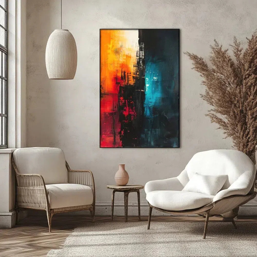 Peinture abstraite avec des éclats de couleurs chaudes et froides, créant une ambiance contrastée, idéale pour un salon moderne.